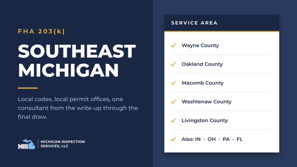 Southeast Michigan 203(k) consultant service area: Wayne, Oakland, Macomb, Washtenaw and Livingston counties.